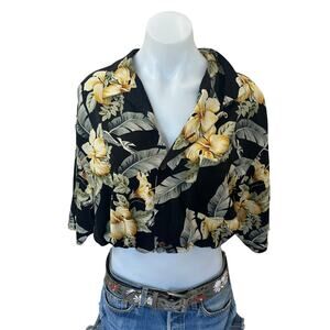 Hawaiian Shirt Button Down Crop Top One Size Boxy Raw Silk Hibiscus Oversized